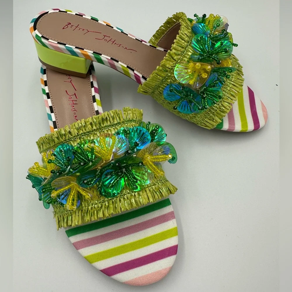 Betsey Johnson PEYTEN Beaded Butterfly Sandals 5.5M Striped Heels new in box